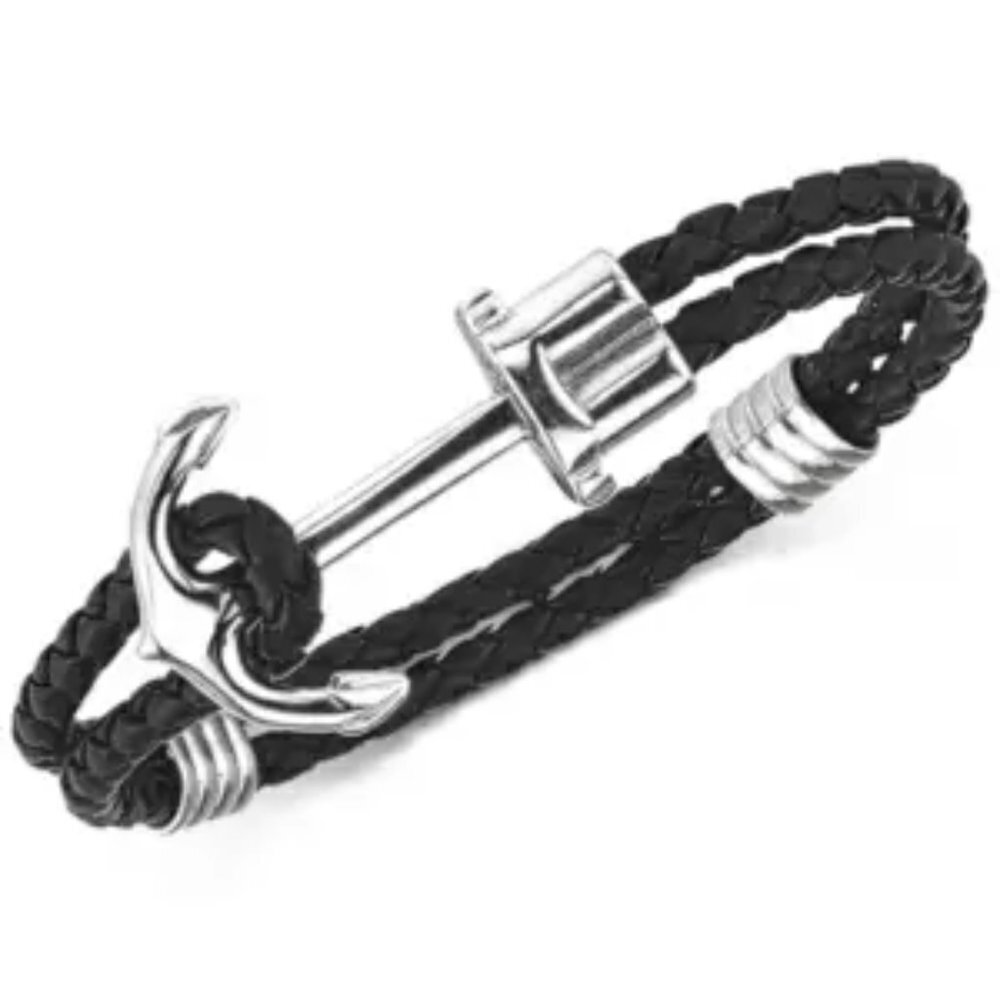 Esquire Men's Braided Leather Anchor Bracelet in Stainless Steel/Black NEW